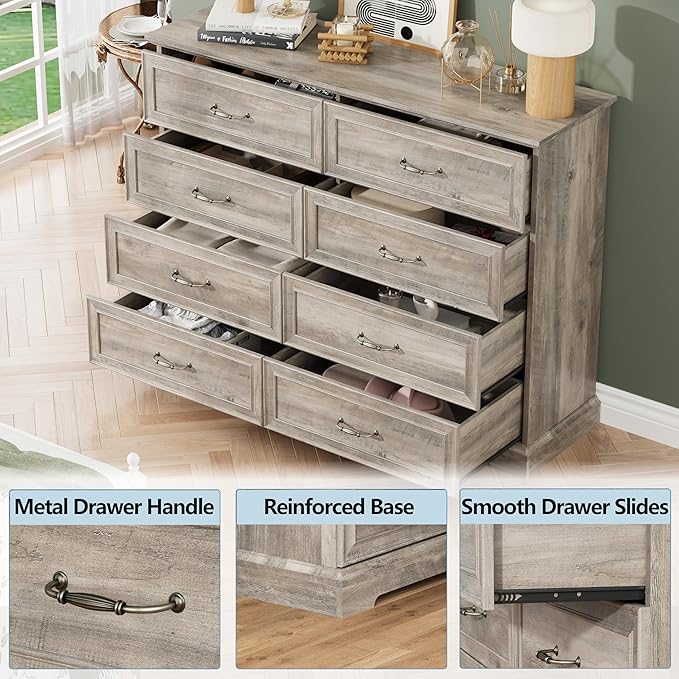 8 Drawer Dresser for Bedroom, 53" Wide Wooden Chest of Drawers, Rustic Farmhouse Dresser with Large Drawers & Metal Handles, Modern Storage Organizer for Closet, Living Room, Hallway, Grey