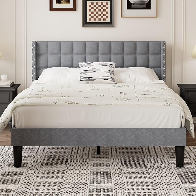 VECELO Headboard Queen Size, Linen Upholstered Headboards Only with Nailhead Trim Wingback, Square Stitched Design, Adjustable Height from 40" to 49.8", Light Grey