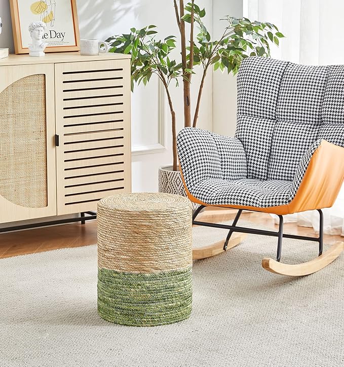 Wimarsbon Ottoman Poof, Natural Seagrass Poufs, Hand Weave Round Footstool, Pouffe Accent Chair, Sitting Braided Footrest W/Jute Cover, Outdoor Ottomans for Living Room, Bedroom