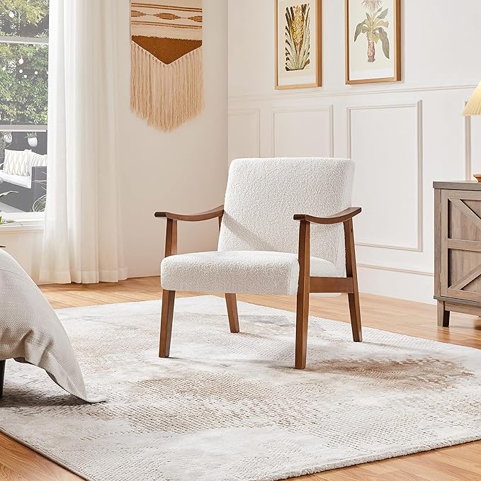 Yaheetech Fabric Accent Chair, Mid-Century Modern Armchair with Solid Wood Legs, Reading Leisure Chair with High Back for Living Room Bedroom Waiting Room, Set of 2, Ivory