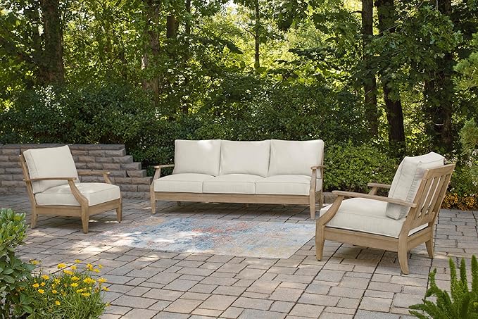 Signature Design by Ashley Carter Hall Outdoor Eucalyptus Wood Patio Sofa – Cushioned with UV-Resistant Nuvella Fabric, 5-Step Protective Finish, Beige