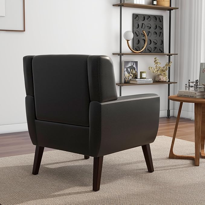 Accent Chair, Mid-Century Modern PU Leather Chairs with Arms for Living Room, Comfy Upholstered Club Single Sofa Armchair for Bedroom Waiting Room with Solid Wood Frame(Leather Black, Set of 1)