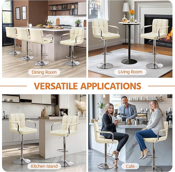 Yaheetech Bart Stools Set of 4, PU Leather Adjustable Barstools with Armrest, Counter Height Stool Chairs with Thickened Seat Cushion for Kitchen Island, Beige