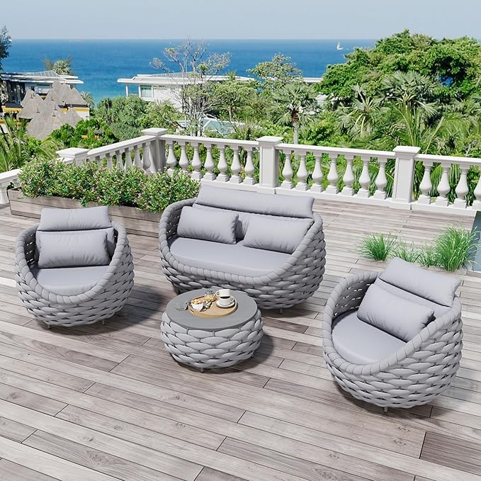 Woven Rope Patio Sofa Furniture Set of 4: Aluminum All Weather Outdoor Conversation Set, Couch Armchair and Loveseat Set with Table Cushions for Deck Porch Poolside Garden Backyard Hotel - Gray