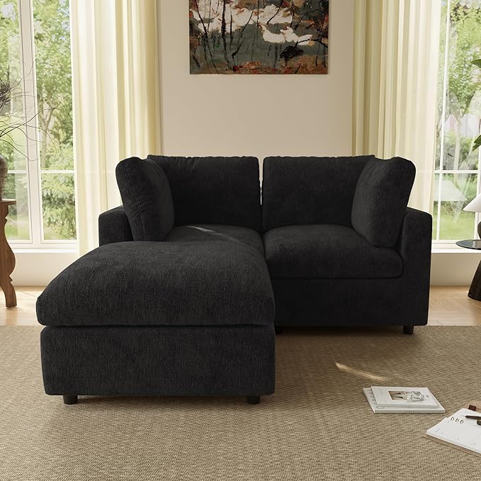 WJShome Sectional Couches for Living Room, 67 Inch Loveseat Sofa with Ottoman, Modern Chenille Fabric & Double Layer Cushions, Modular Couch for Apartment/Bedroom,Black