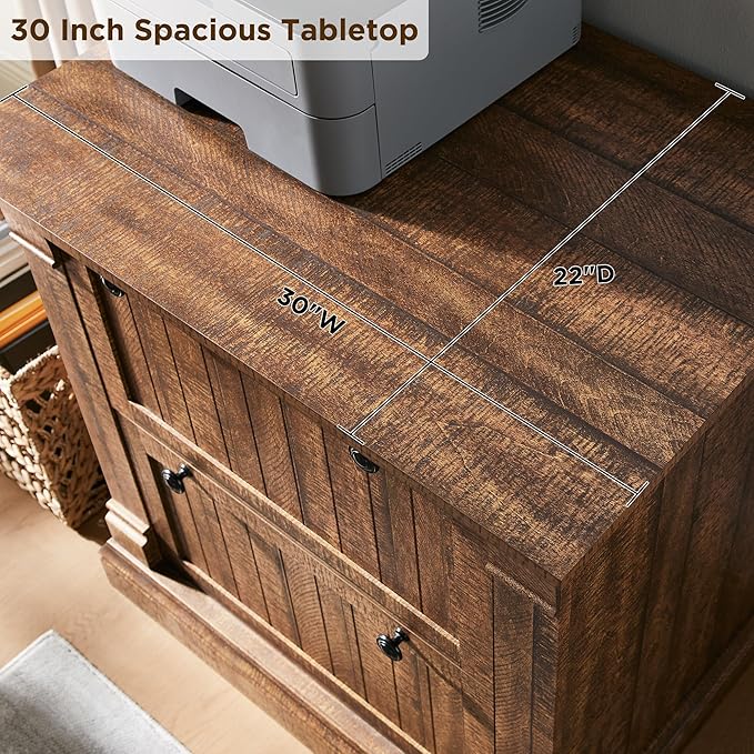 OKD Farmhouse File Cabinet with 2 Drawers, 30" Lateral Filing Cabinet with Hanging File Folders, Interlocking Drawers, Wood Rustic Storage Cabinet for Home Office,Brown