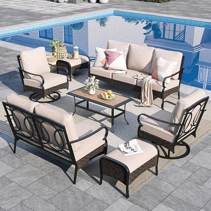 Sophia & William Patio Furniture Set, Outdoor Metal Conversation Set 9 Seats with 3-Seater Sofa, 2 Swivel Chairs, 1 Loveseat, 2 Ottoman, 1 Coffee Table for Seating, Lawn Porch Backyard,Beige