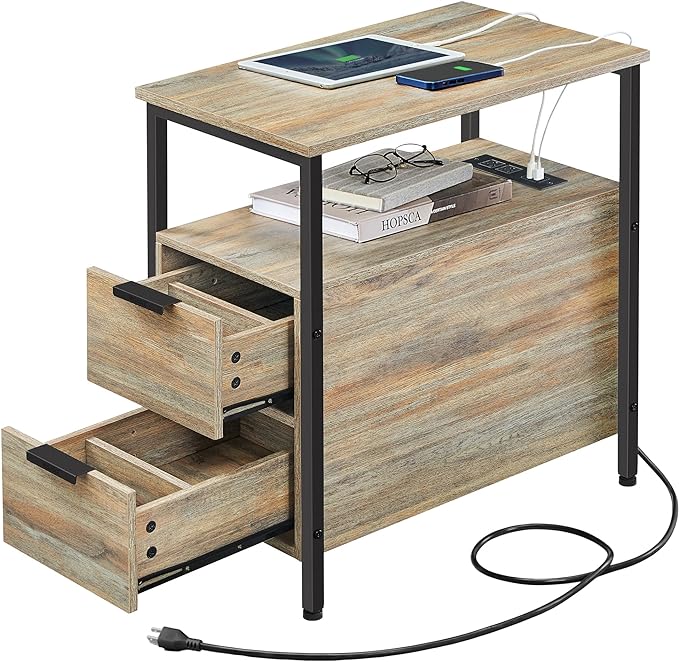 VASAGLE Side End Table with Charging Station, Slim Nightstand with 2 Drawers, Narrow Bedside Table for Living Room, Small Spaces, Turquoise Brown and Ink Black ULET321B60