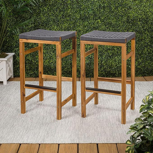 JONATHAN Y BSL1201B-SET2 Armand 30" Modern Coastal Backless Acacia Wood Outdoor Bar Stool with Woven Rope Seat, for Pool, Deck, Poolside, Light Teak/Grey (Set of 2)