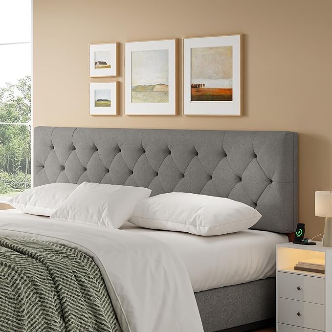 Upholstered Headboard King Size Only for Bed Frame from 65”-78”, Adjustable Height Headboards King with Durable Leg, Fabric Bed Head Board in Modern Button Design, Light Grey