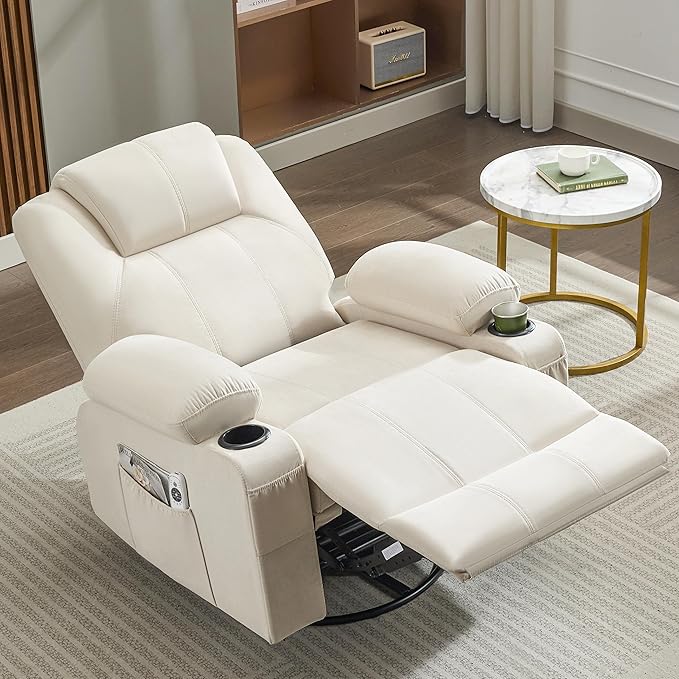 Oversized Swivel Rocker Recliner Sofa Chair with Heat and Massage, Large Big Recliner for Living Room,360 Degree Swivel Rocking Single Sofa with Cup Holders and USB Port(Fabric, Light Beige)