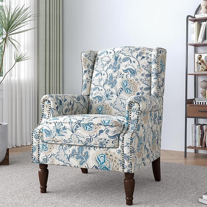 Lumibee High Back Accent Chair, Armchair in Fabric,Comfy Upholstered Wingback Single Sofa Reading Chair with Solid Wood Legs for Living Room,Bedroom,Office-Boho Blue