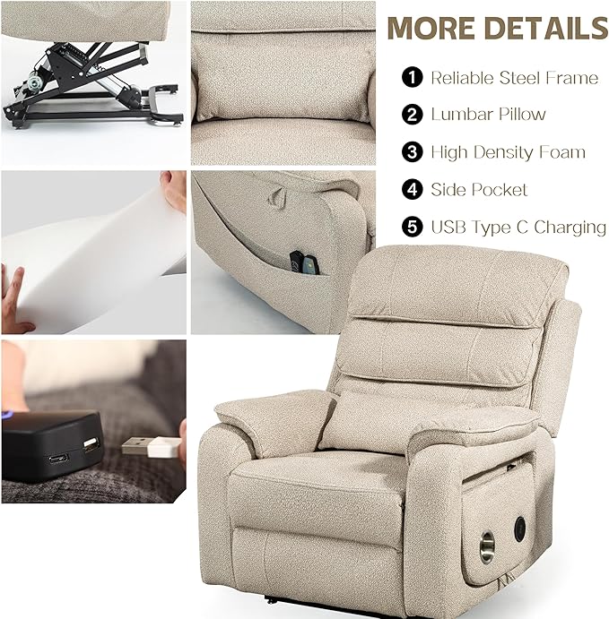 Power Lift Recliners Chairs for Elderly Adults Lay Flat Recliner with Heat & Massage, Wireless Charging Device, USB Ports, Cup Holder, Lumbar Pillow, 400Lbs(Grainy Fibric,Oatmeal)