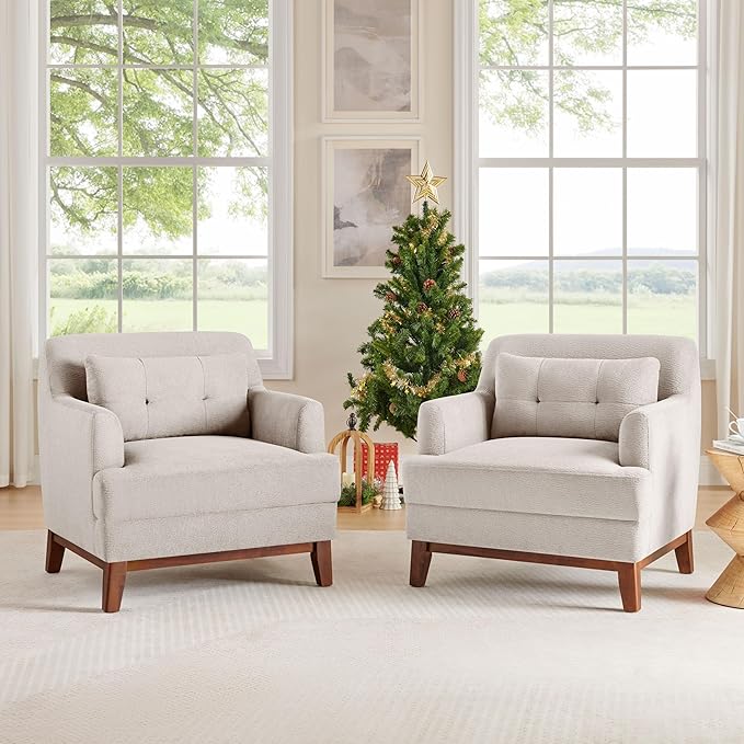 VANOMi Accent Chairs for Living Room, Mid-Century Modern Accent Chair with Armrest, Terry Fabric Cozy Reading Chairs for Adults, Bedroom, Apartment, Camel