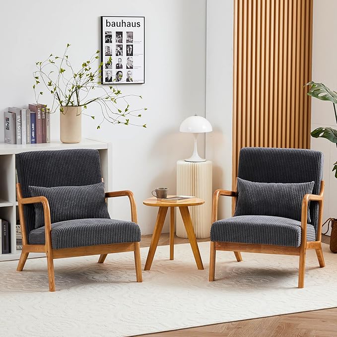 Accent Chairs, Set of 2 Mid-Century Modern Chair with Pillow, Armchair with Solid Wood, Reading Relaxing Leisure Chair for Living Room,(Grey)