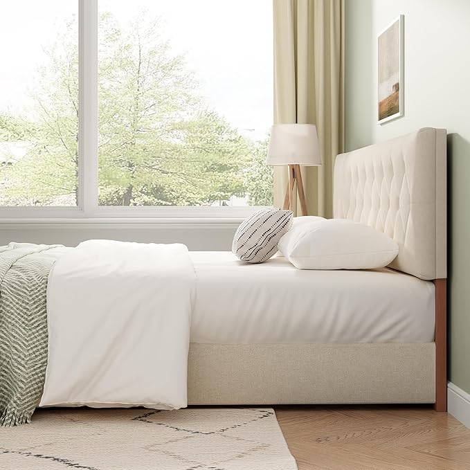 King Upholstered Headboard Only for Bed Frame from 65”-78”, Adjustable Height King XL Headboards with Durable Wood Legs, Fabric Bed Board in Modern Button Design, Beige