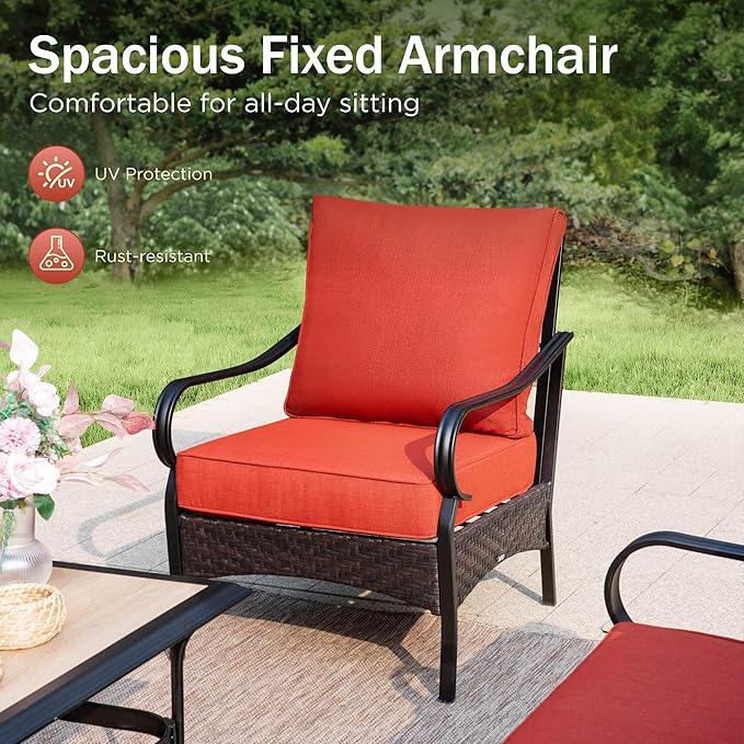 PHI VILLA Patio Furniture Set with 56" Fire Pit Table, Premium Outdoor Wicker Metal Frame Furniture with Upgraded Waterproof Thick Cushions for Porch, Poolside, Deck, and Yard (4 Pieces,Red