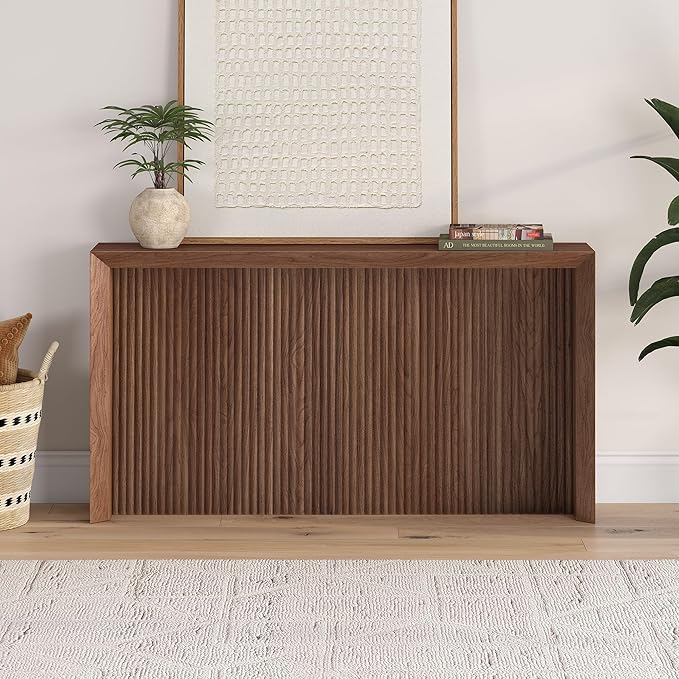 Henn&Hart 56'' Wooden Rectangular Fluted Console Table Entryway Table, Sofa Table for Entryway, Living Room, Couch, Hallway, or Office, Satin Walnut
