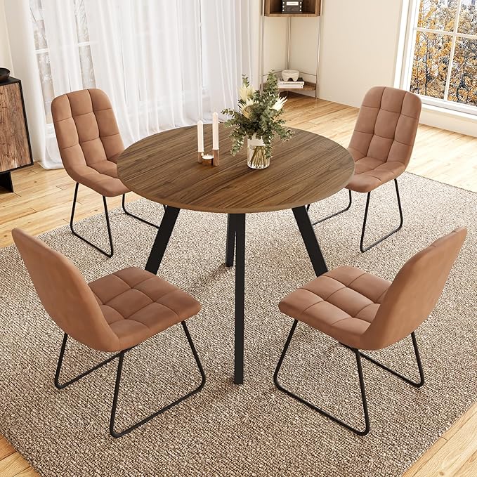 34.6'' Round Dining Table and Chairs for 4 Space Saving for Apartment Kitchen Dining Room (Walnut Table+4 U-Shaped Brown Chairs)