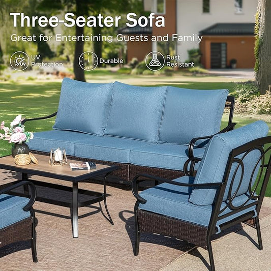 Patio Furniture Set with 56" Fire Pit Table, Premium Outdoor Wicker Metal Frame Furniture with Upgraded Waterproof Thick Cushions for Porch, Poolside, Deck, and Yard (4 Pieces,Navy
