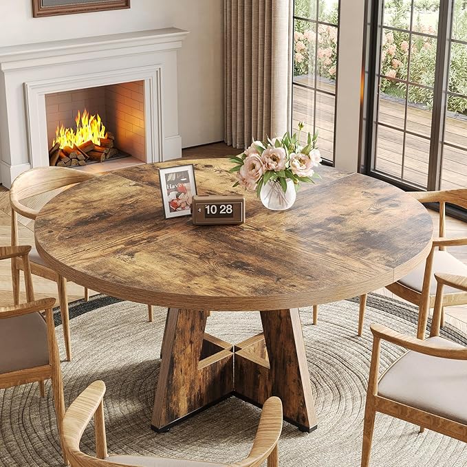 LITTLE TREE Round Dining Table for 4-6 People, 47 Inches Dining Room Table with Wooden Pedestal Base, Circle Kitchen Tables for Dining Room, Kitchen, Living Room, Rustic Brown