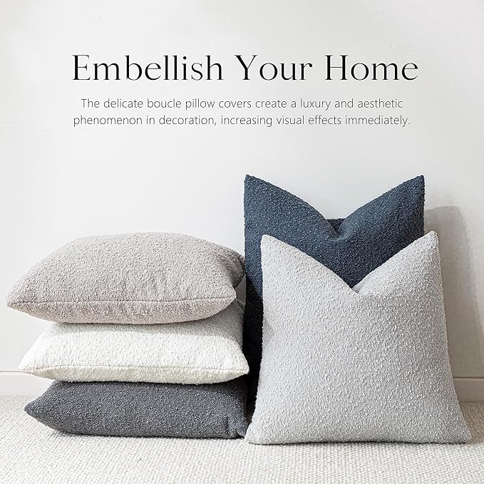 Foindtower Pack of 2 Textured Boucle Throw Pillow Covers Accent Solid Decorative Pillow Cases Cozy Woven Couch Cushion Case for Chair Sofa Bedroom Living Room Home Decor, 20 x 20 Inch,Light Grey