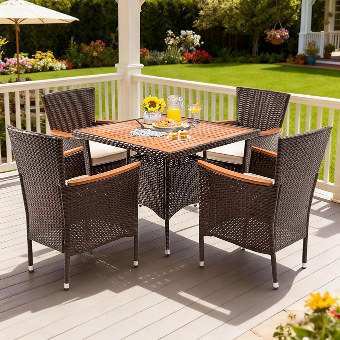 Wisteria Lane Patio Outdoor Table and Chairs Set, Rattan Outdoor Patio Furniture Set with Removable Cushions, Outdoor Patio Dining Sets with Acacia Wood Tabletop for Deck Garden Backyard, Brown