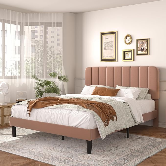 VECELO Full Size Bed Frame with Upholstered Headboard, Velvet Platform Bedframe Mattress Foundation, Strong Wood Slat Support, No Box Spring Needed,Tan Brown