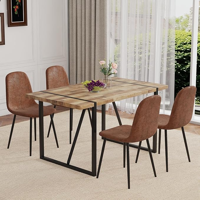 4 Chair Dining Table Set,Dinner Table Set for 4,55'' Kitchen Table and PU Leather Chairs Set of 4, 5 Piece Dining Table Set for Kitchen Dining Room