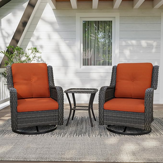 3 Pieces Outdoor Furniture Set - Patio Wicker Swivel Rocker Chair Set of 2 and 1 Side Table, Orange, Mixed Brown Rattan, Suitable for Porch, Yard