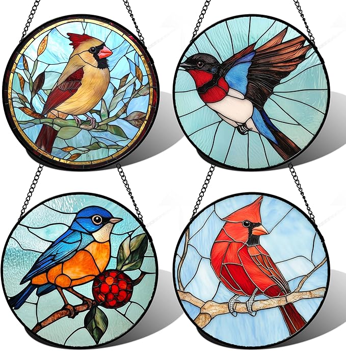 Stained Glass Window Hanging 4 Pcs Set Cardinal Blue Birds 9.8" - Suncatcher Door Garden Sun Catcher Decor Birthday Mother's Day for Bird Lovers Men Woman Nana Friend