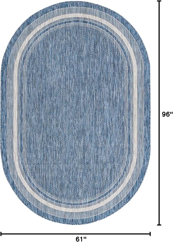 Unique Loom Outdoor Border Collection Area Rug - Soft Border (5' 1" x 8' Oval, Blue/ Ivory)
