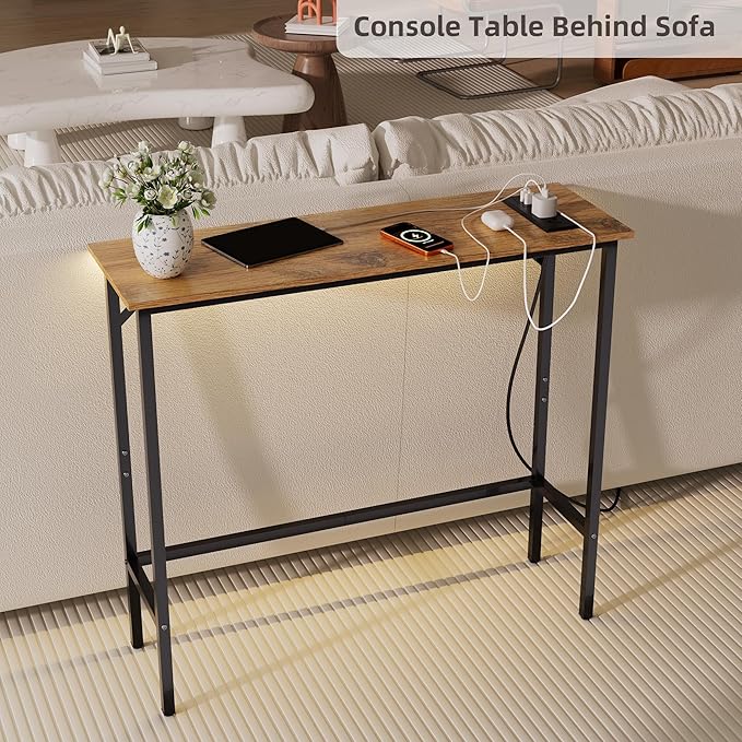 Narrow Console Table with Led Light and Charging Station,29.5" Small Entryway Table,Display Table,Entryway Hallway Thin Sofa Table Behind Sofa, Small Spaces, Living Room, Rustic Brown