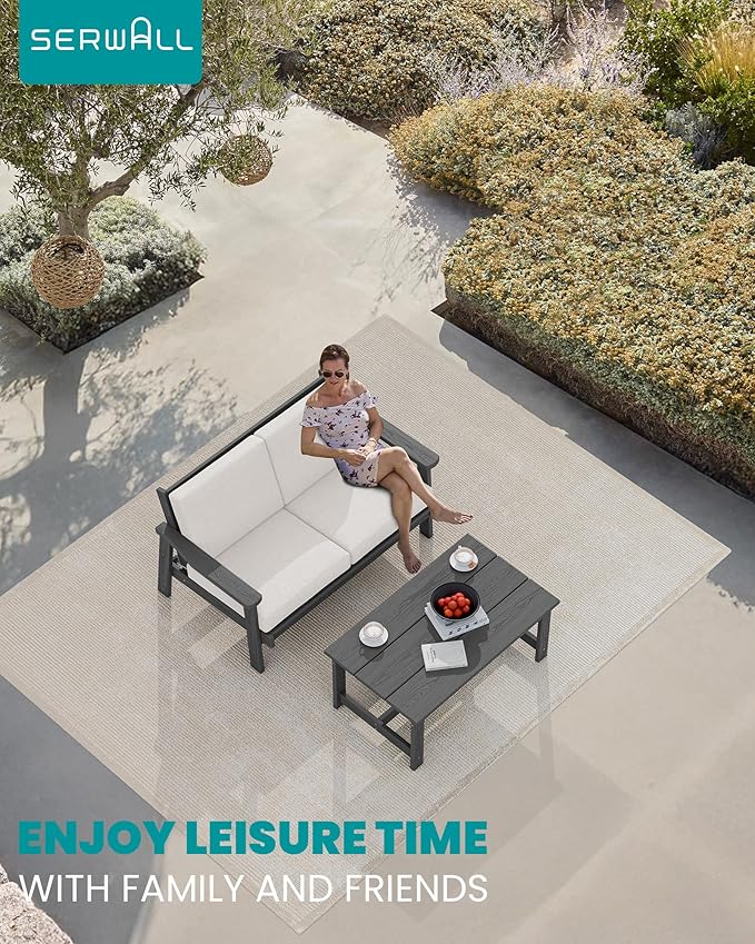 SERWALL HDPE Outdoor Patio Loveseat, Grey Frame and Khaki Cushion