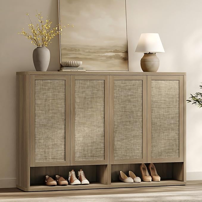 SICOTAS Rattan Shoe Storage Cabinet - Modular Shoe Cabinets with Door Tall Large Shoe Cabinet Storage for Entryway - 65.6" Wide Modular Cabinet for Hallway, Living Room