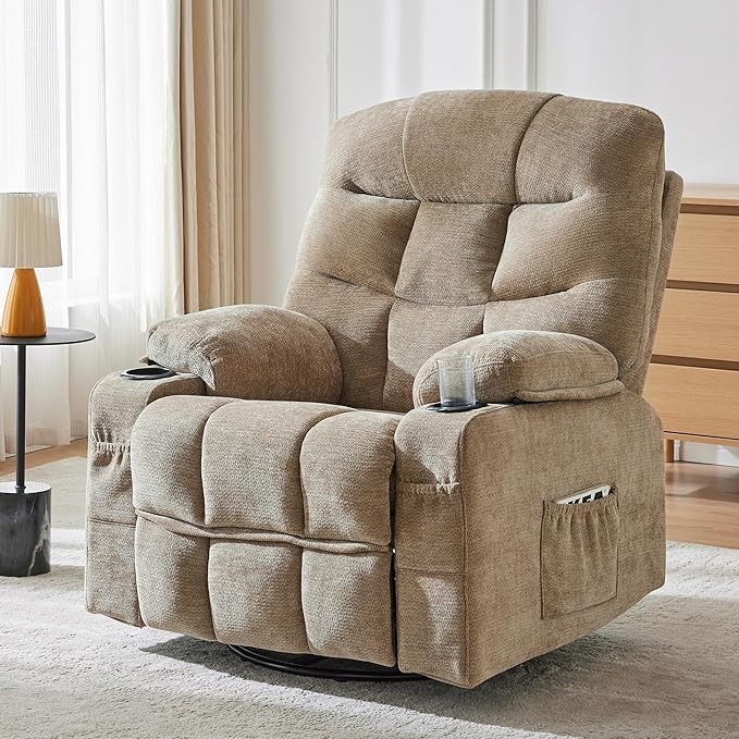 Manual 360°Swivel Rocker Recliner Chair,Single Recliner Seat with Cup Holders,Recliner Chairs for Adults, Upholstered Fabric Lazy Boy Recliner for Bedroom,Living Room,Brown