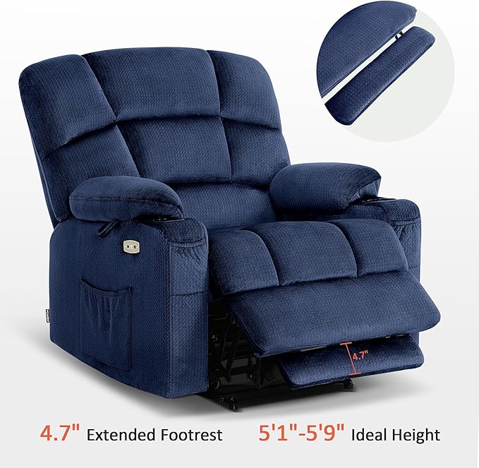 MCombo Oversized Dual Motor Power Lift Recliner Chair Sofa with Massage and Heat for Big Elderly People, Infinite Position, USB Ports, Fabric R7677 (Navy Blue, Medium-Oversize)