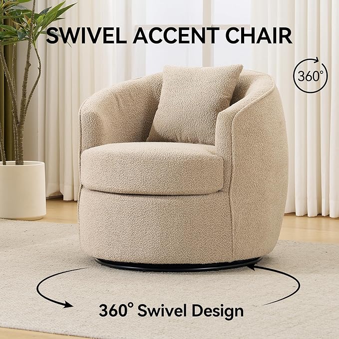 Swivel Accent Chair, Modern Upholstered Boucle Barrel Arm Chairs with Pillow for Living Room, 360 Degree Round Swivel Sherpa Armchair with Round Base for Bedroom Club (1, Light Brown)