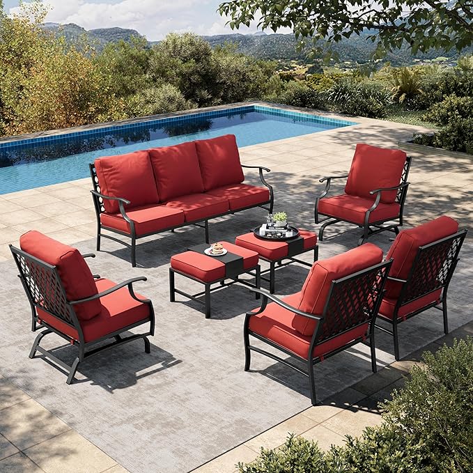 HERA'S HOUSE 7 Piece Patio Furniture Set, 2 x Rocking Chair, 2 x Fixed Chair, 2 x Ottoman, 1 x 3-Seat Sofa, All Cushioned 9 Seats Metal Outdoor Conversation Set for Lawn Garden Backyard
