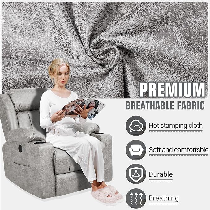 Retro Rocking Recliner Chair, Massage Rocker Recliner Chair with Vibration Massage and Heat, USB and Type-C Ports,360° Swivel Chairs, Living Room, Bedroom, Nursery, RV, Light Grey