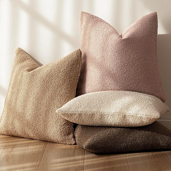 Foindtower Set of 2, Decorative Textured Boucle Throw Pillow Covers Accent Solid Pillow Cases Neutral Soft Cozy Couch Cushion Case for Chair Sofa Bedroom Living Room Home Decor 20 x 20 Inch Light Pink