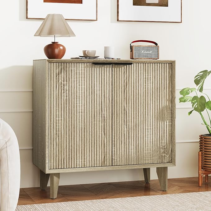 Fluted Cabinet with Storage, Small Buffet Sideborad with Door, Kitchen Buffet Storage Accent Cabinet with Adjustable Shelves for Living Room, Entry, Hallway, Natural