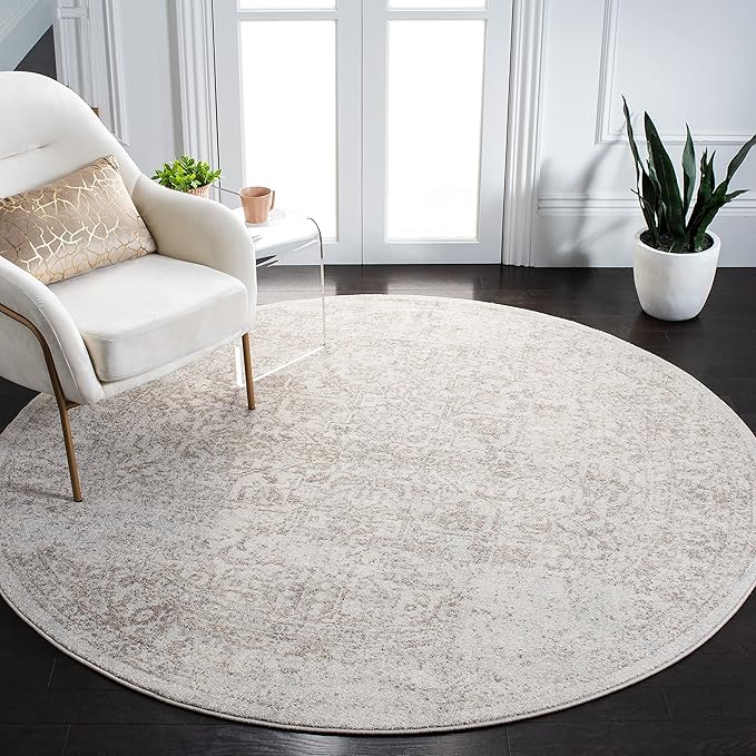 SAFAVIEH Evoke Collection Area Rug - 3' Round, Ivory & Taupe, Distressed Design, Non-Shedding & Easy to Clean, Ideal for Foyer, Bedroom, Accent Space (EVK256E)