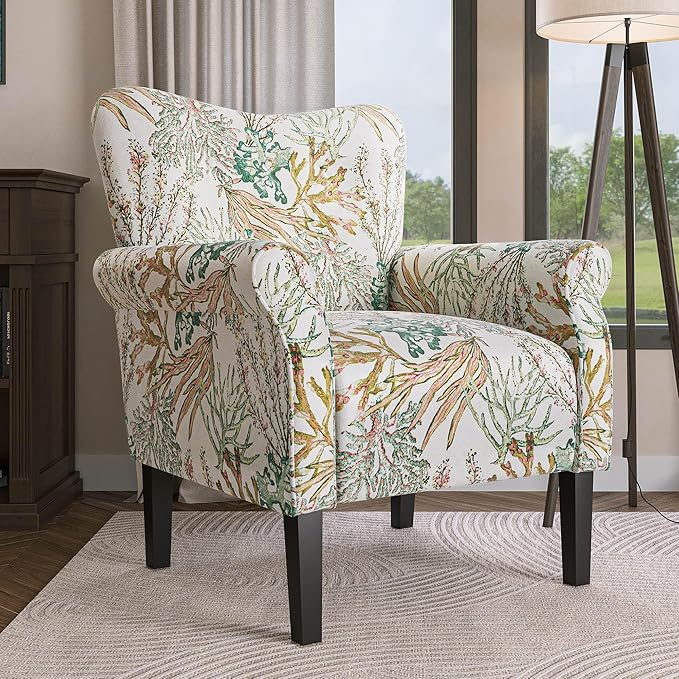 BELLEZE Modern Accent Chair for Living Room, High Back Linen Armchair with Wooden Legs, Upholstered Wingback Side Chair Padded Armrest Single Sofa for Living Room, Bedroom - Allston (Green Coral)