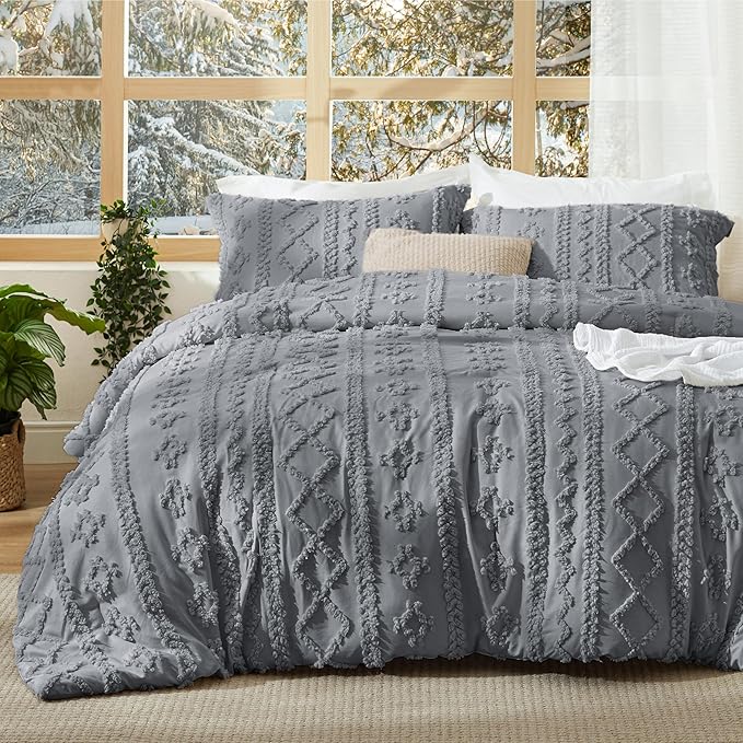 Bedsure Tufted Boho Comforter Set Queen Size - Grey Boho Bed Set, GentleSoft™ 3 Pieces Farmhouse Shabby Chic Embroidery Bedding, Gifts for Woman, Soft Jacquard Queen Comforter for All Seasons