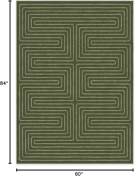 RUGGABLE x Jonathan Adler Machine Washable Modern Area Rug – Labyrinth Fern Green 5x7, Stain-Resistant, Non-Slip – Medium Rugs for Living Room, Bedroom, Hallway, Entryway & Office–with Standard Pad