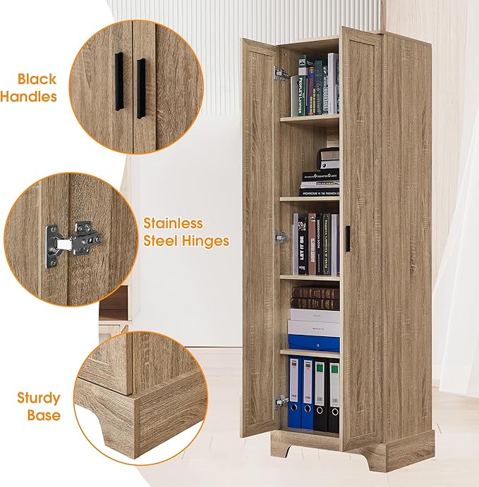Tall Storage Cabinet, Bathroom Floor Freestanding Storage Cabinet with 2 Doors, 5 Shelves, and Adjustable Shelves for Bathroom, Office, Living Room, Brown