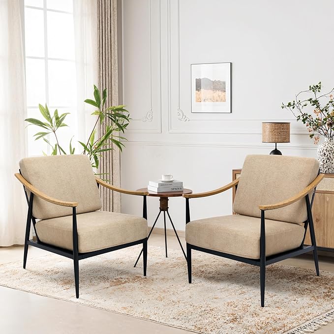 Modern Accent Chairs Set of 2 for Living Room Bedroom Mid Century Arm Chairs Upholstered Office Accent Chairs Comfy Waiting Room Chairs with Metal Frame, Khaki