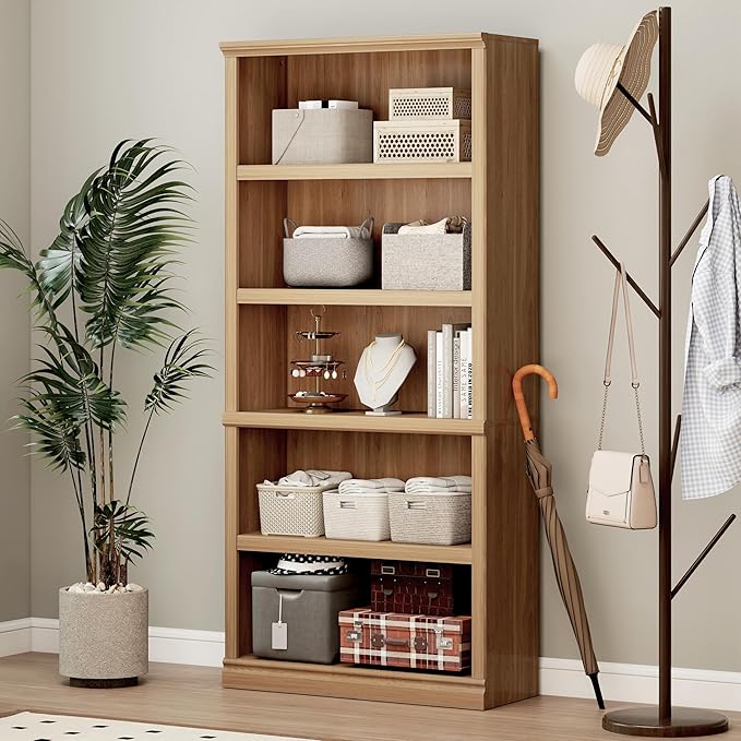 70 in Tall Bookcase, White Bookshelf Open Storage 5-Tier Shelves, 33 inch Wide Floor Standing Indoor Furniture, Book Cases for Home School Library Office Bedroom Kids, Oak 5 Tiers