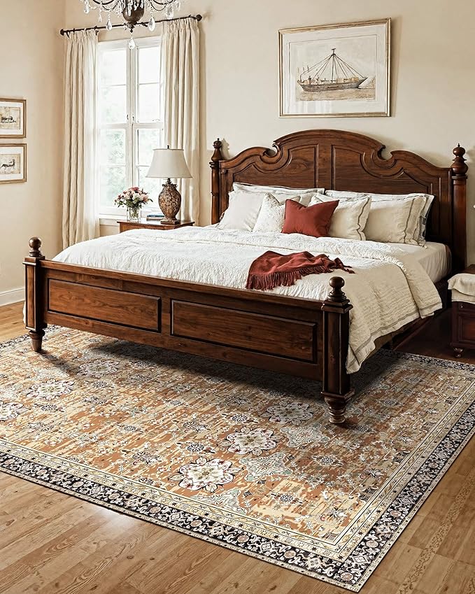 VEVOR 7.5 x 9.5 ft Area Rug Large Washable Rug Non-Slip and Tear-Resistant Soft Carpet Pet & Child Friendly Vintage Area Rugs Indoor Mat for Bedroom Living Room Office Entryway Brown Green